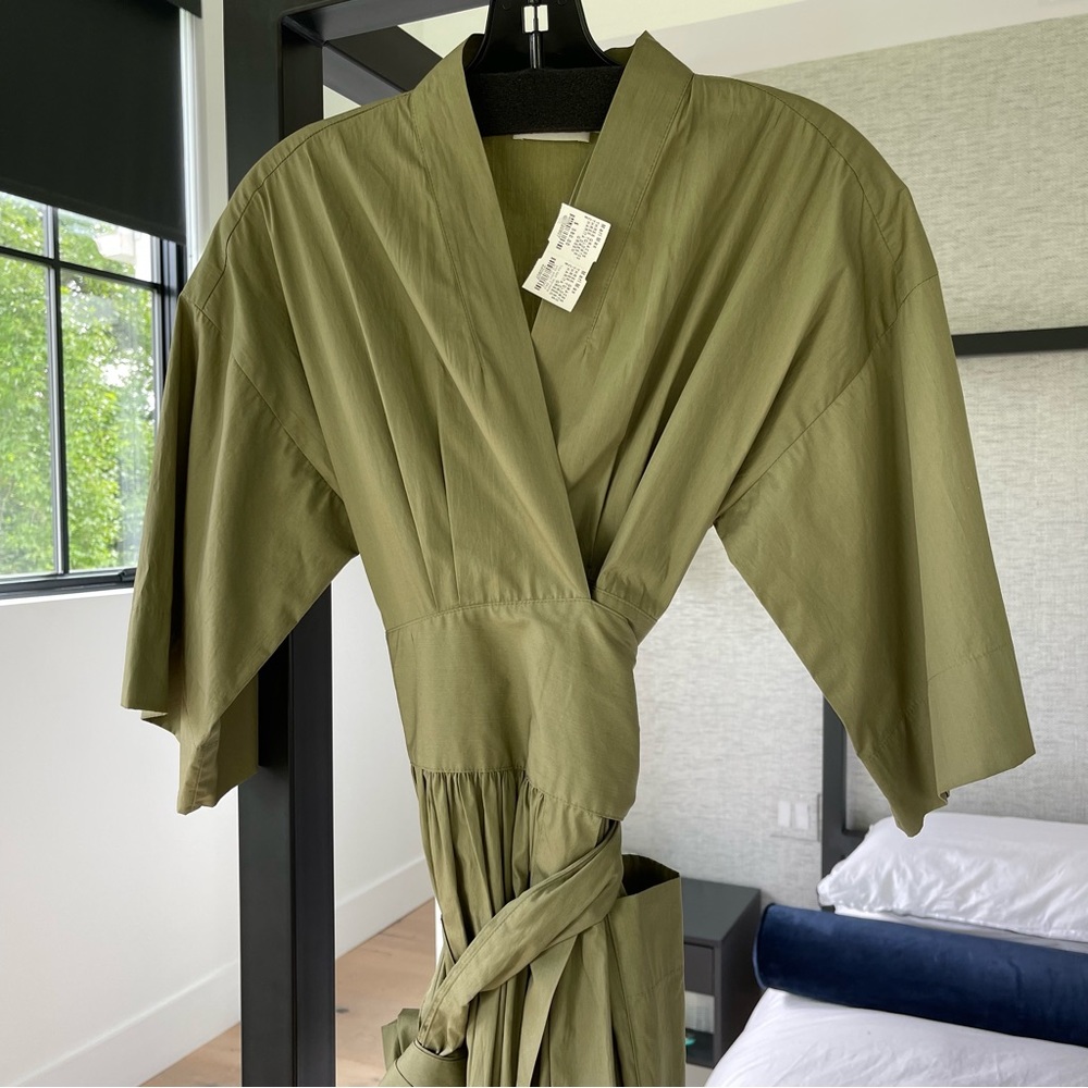 Three Graces London Charita Green Cotton-poplin Wrap Dress In Khaki Army Green - Picture 15 of 15